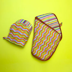 Designer kitchen essentials set - organic cotton oven mitt and pot holder with modern patterns