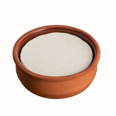 Terracotta bowl with solid dish washing soap on a white background