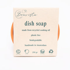 Box of dish soap made from recycled cooking oil with branding on a white background