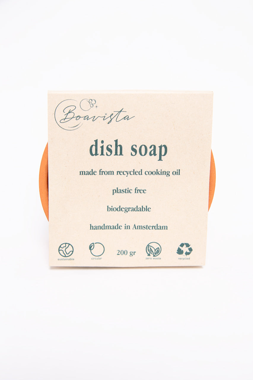 Box of dish soap made from recycled cooking oil with branding on a white background