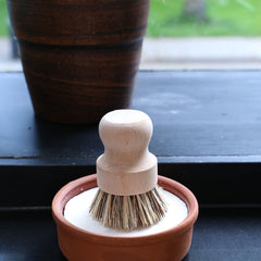 Cleaning brush with wooden handle and terracotta base and solid dishwashing soap on a windowsill with a plant in the background 
